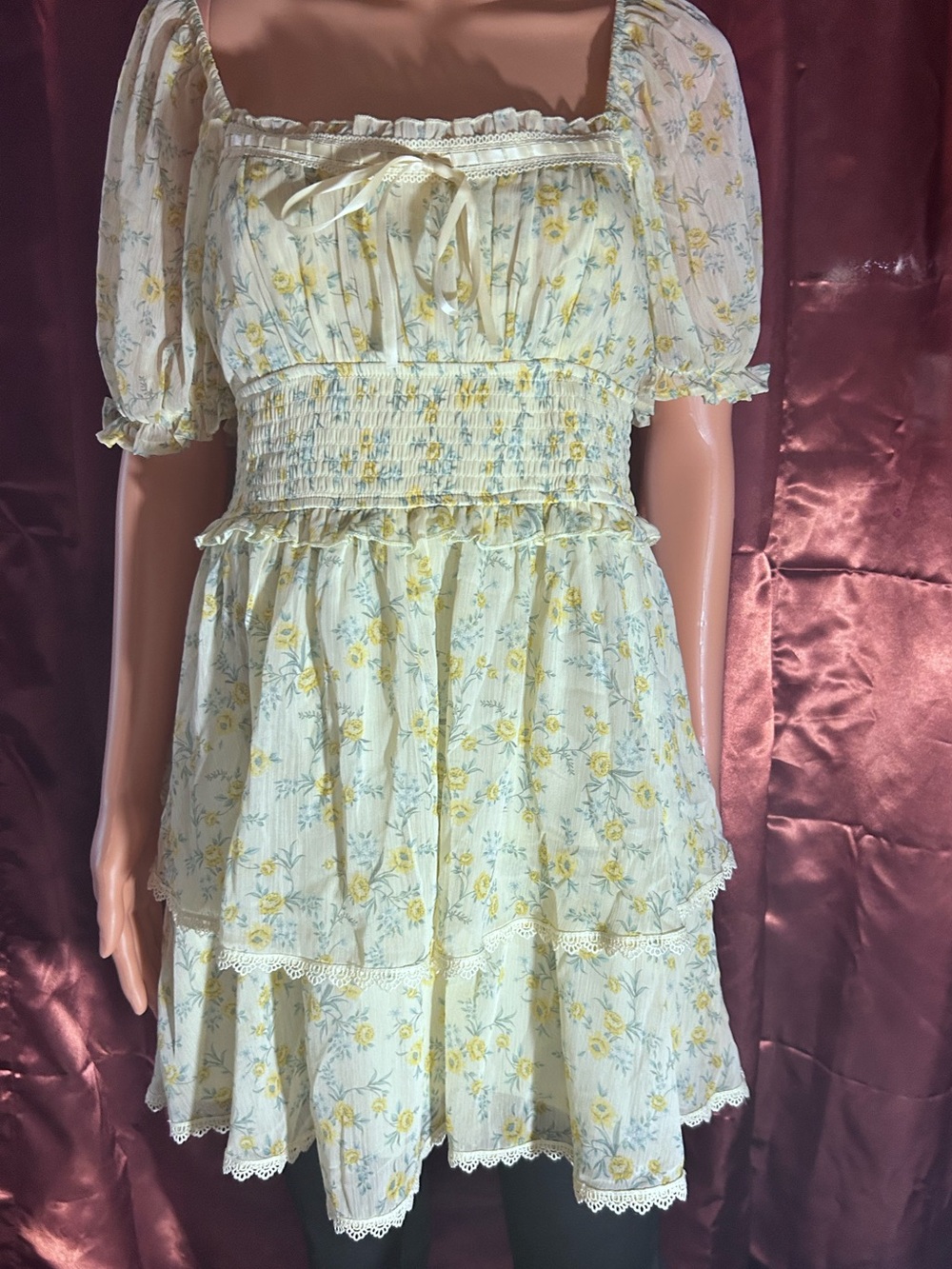 Trixxi Yellow Floral Smocked Tiered Mini Dress